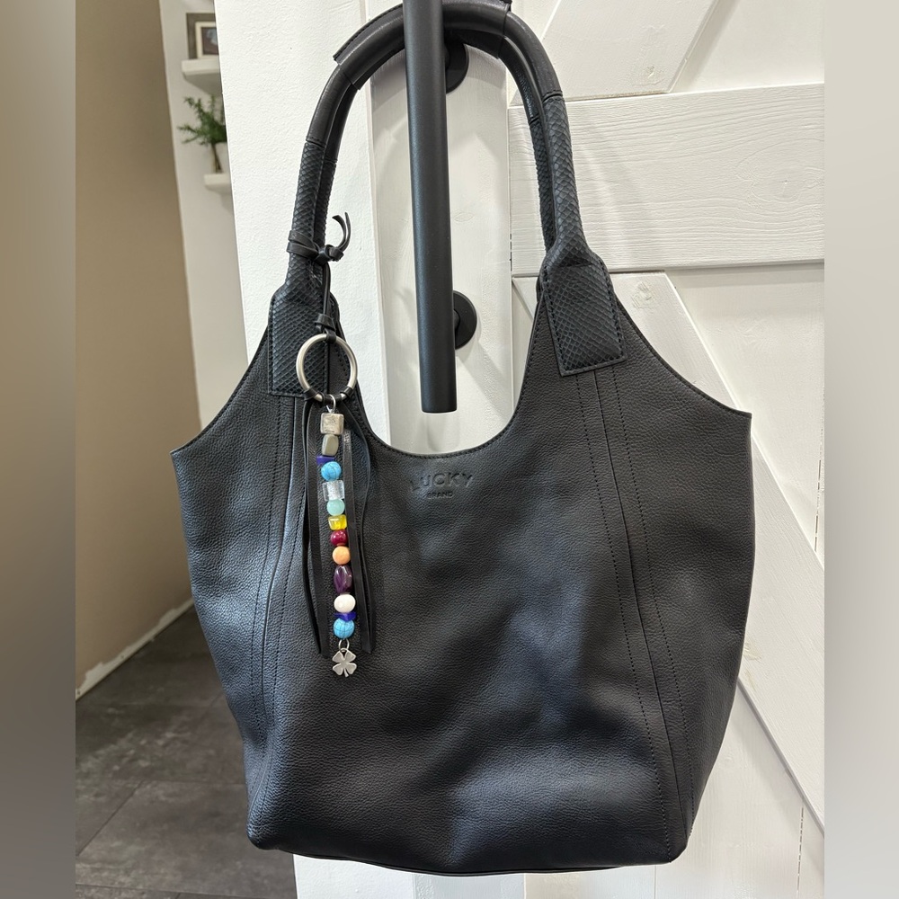 Lucky Brand Black Pebbled Slouchy Leather Hobo Bag with Colorful Charm
